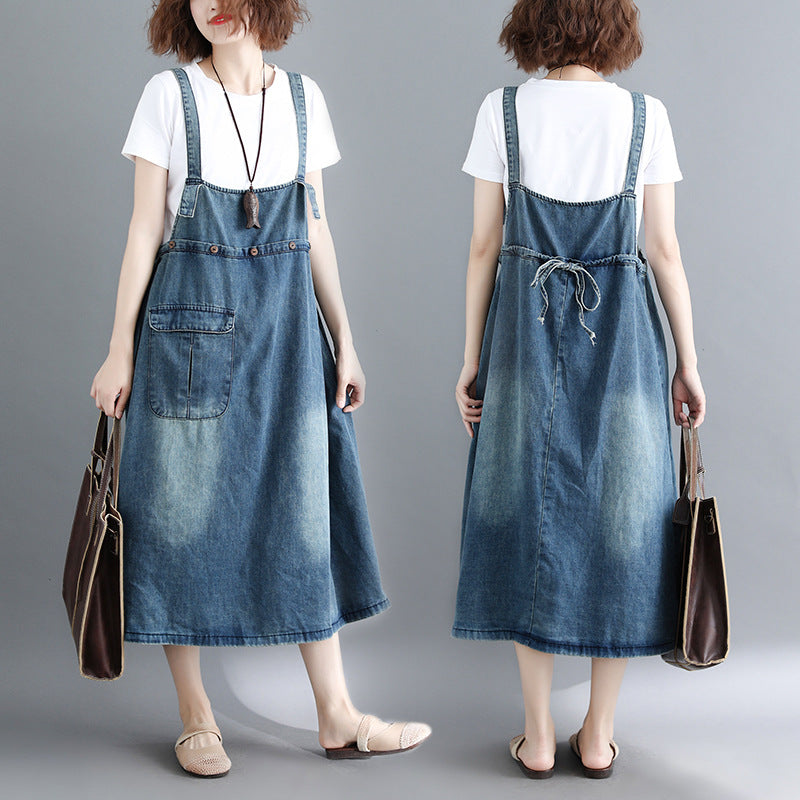 Summer Denim Suspender Skirt Loose Slimming Long