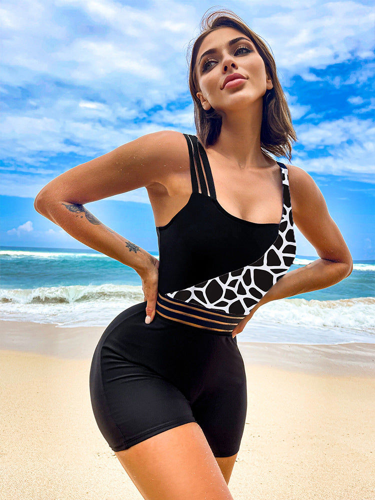 Boxer One-piece Solid Color Stitching Swimsuit For Women