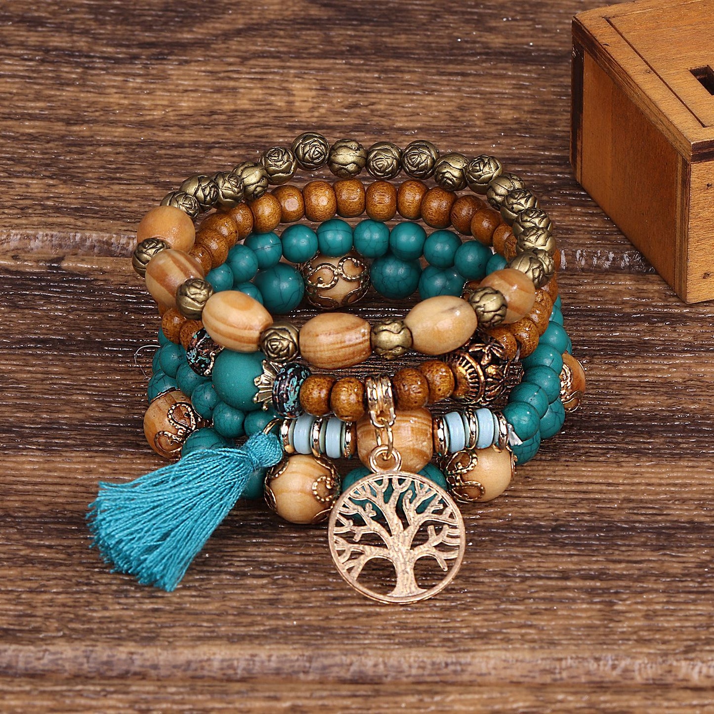 Boho Multilayer Wooden Stretch Bracelet With Tree Of Life Pendant