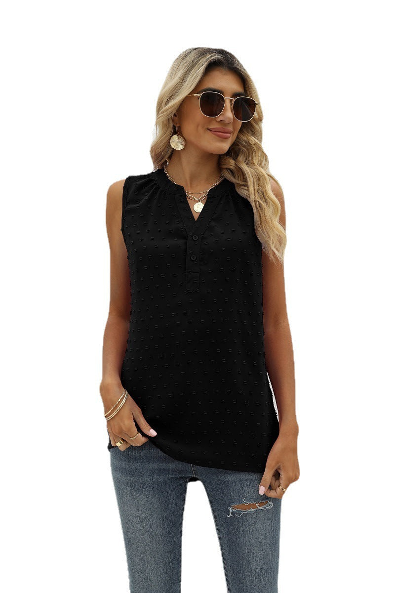 New Solid Color Chiffon Shirt Loose V-neck Jacquard Sleeveless Casual Vest