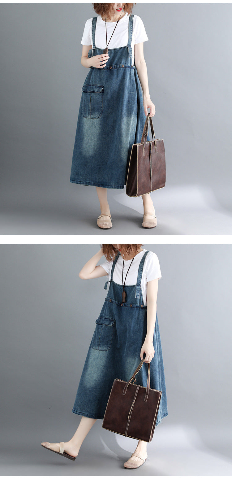 Summer Denim Suspender Skirt Loose Slimming Long