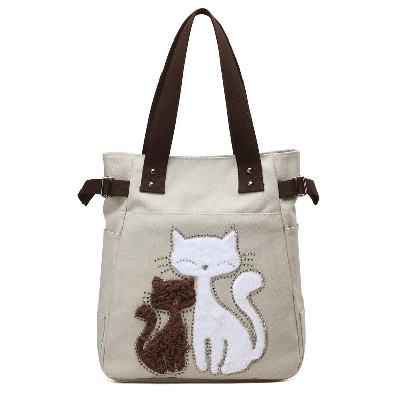 KVKY Women Canvas Bag Handbag Famous Brand Shoulder Bags Femal Canvas Bags with Cute Plush Cat Appliques Beach Bag Sac A Main