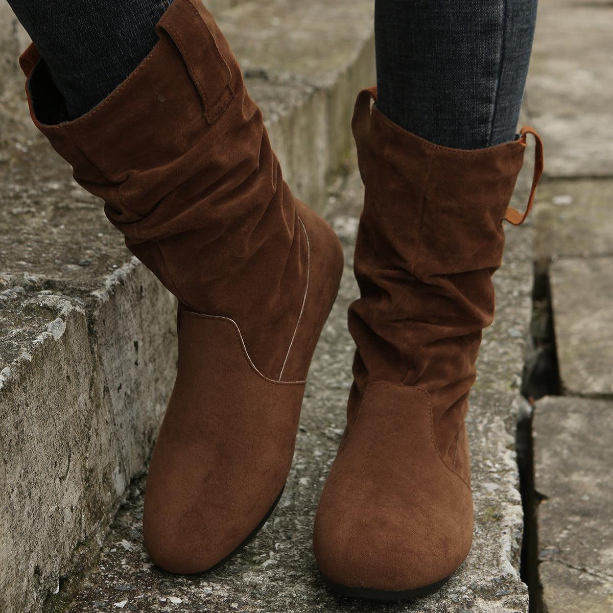 Large Size Flat Bottom Women Buskin Suede Stitching Women Round-toe Boots