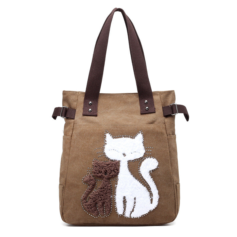 KVKY Women Canvas Bag Handbag Famous Brand Shoulder Bags Femal Canvas Bags with Cute Plush Cat Appliques Beach Bag Sac A Main