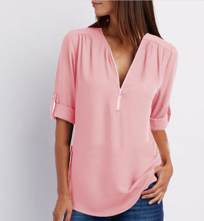 Zip V-neck Shirts Women Short Sleeve Loose Tops