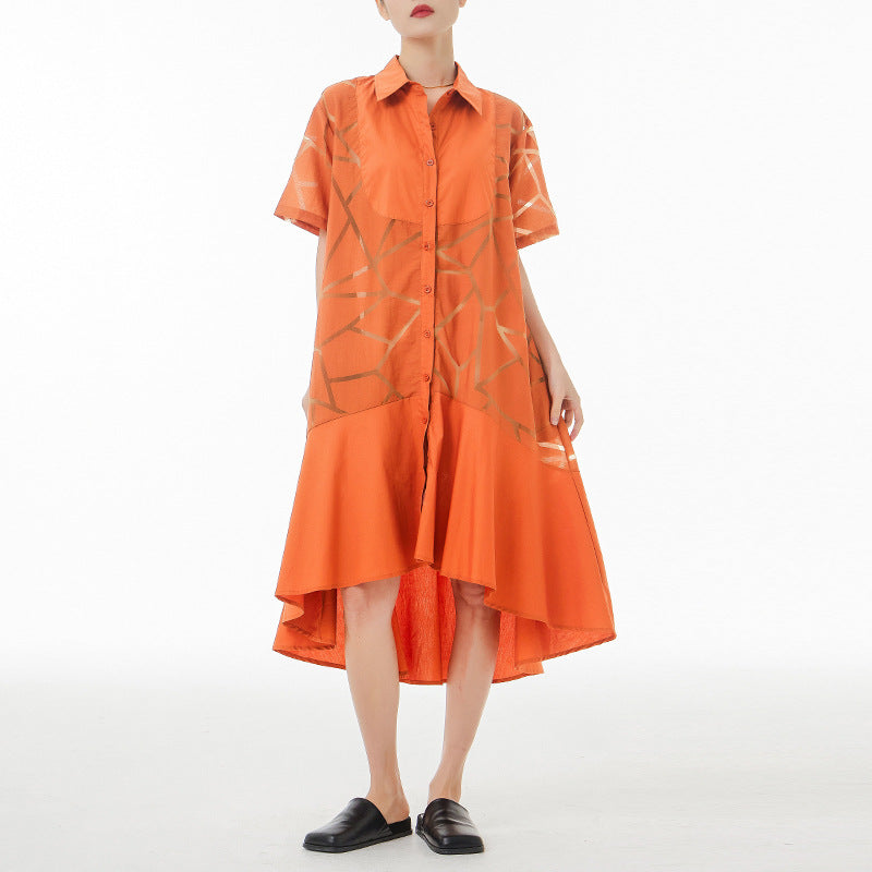 French Retro See-through Geometric Pattern Shirt Dress