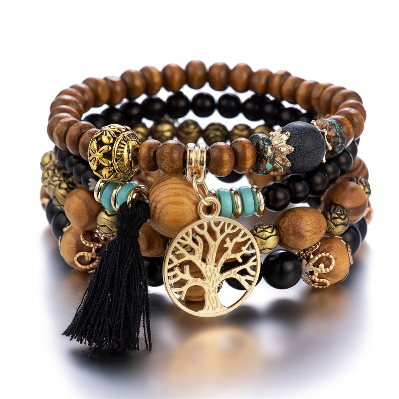 Boho Multilayer Wooden Stretch Bracelet With Tree Of Life Pendant