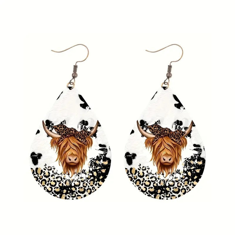 Personalized Western Style Leopard Print Contrast Color Leather Earrings Wild Cow Print