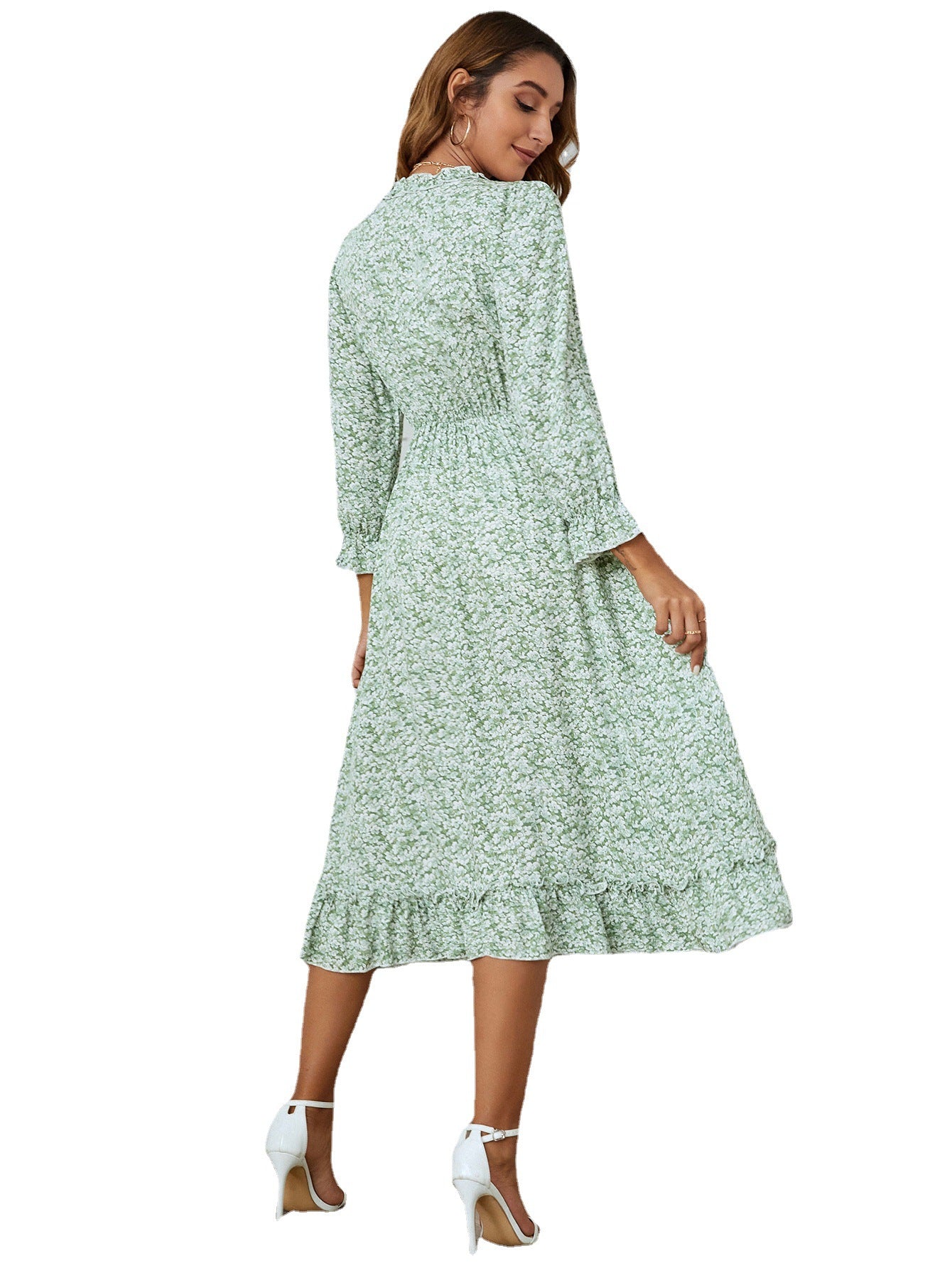 Women's Graceful And Fashionable Tree Fungus-like Lacework V-neck Nine-quarter Sleeve Rayon Printed Dress