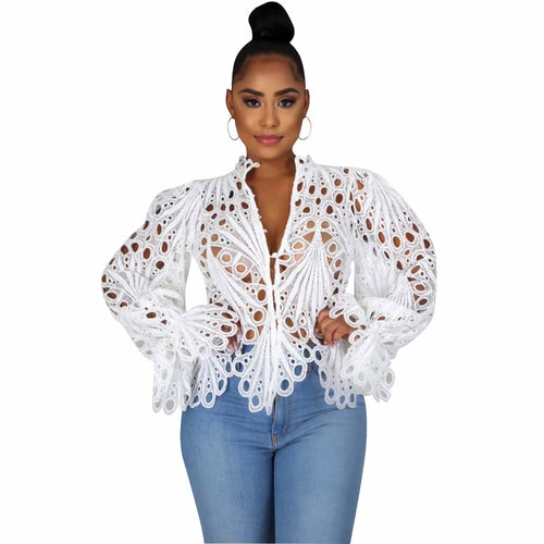 Hollow Out Mesh Lace Shirt Sheer See Through Top Blouse