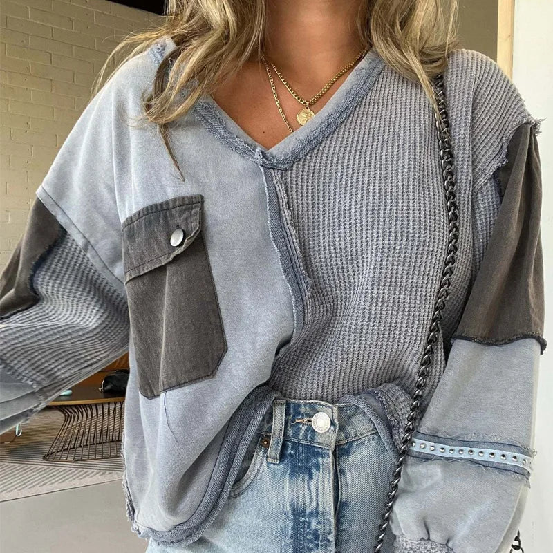 Casual Ladies Pocket Bead All-match Denim Tops