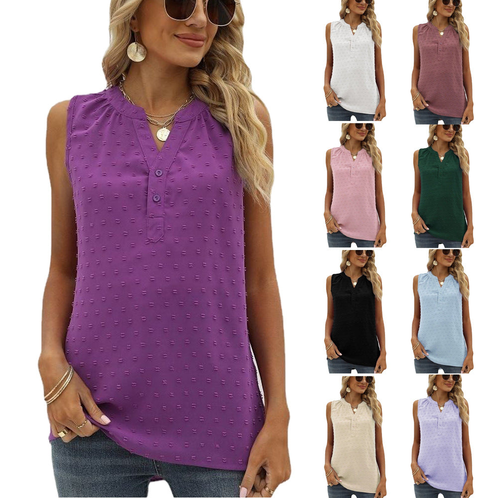 New Solid Color Chiffon Shirt Loose V-neck Jacquard Sleeveless Casual Vest