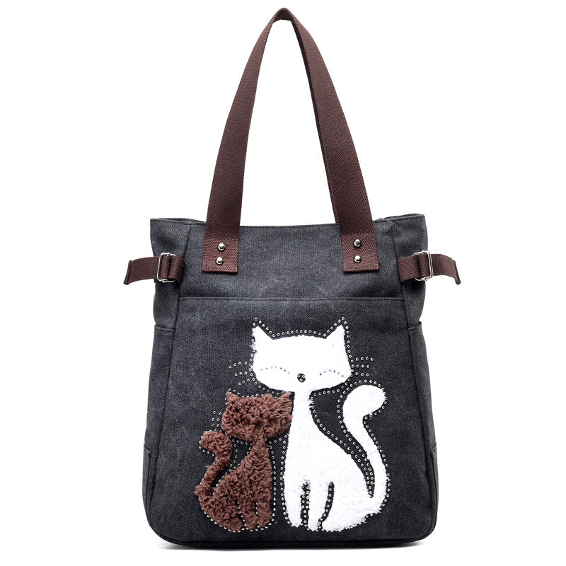 KVKY Women Canvas Bag Handbag Famous Brand Shoulder Bags Femal Canvas Bags with Cute Plush Cat Appliques Beach Bag Sac A Main