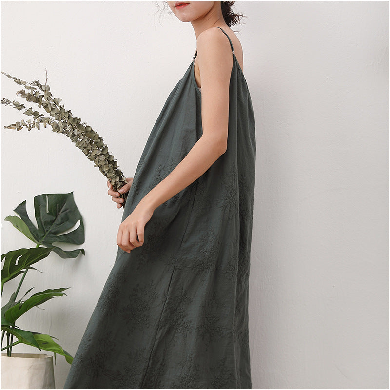 Embroidered Loose Waist Strap Base Cotton And Linen Dress