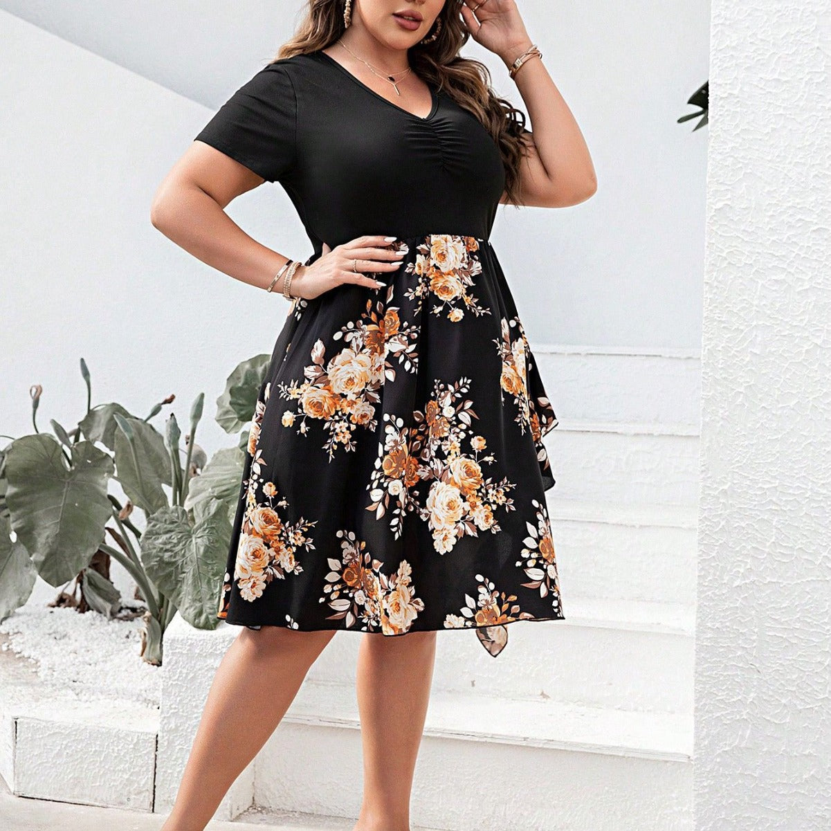 Off-shoulder Split Waist Fitted Floral Dress