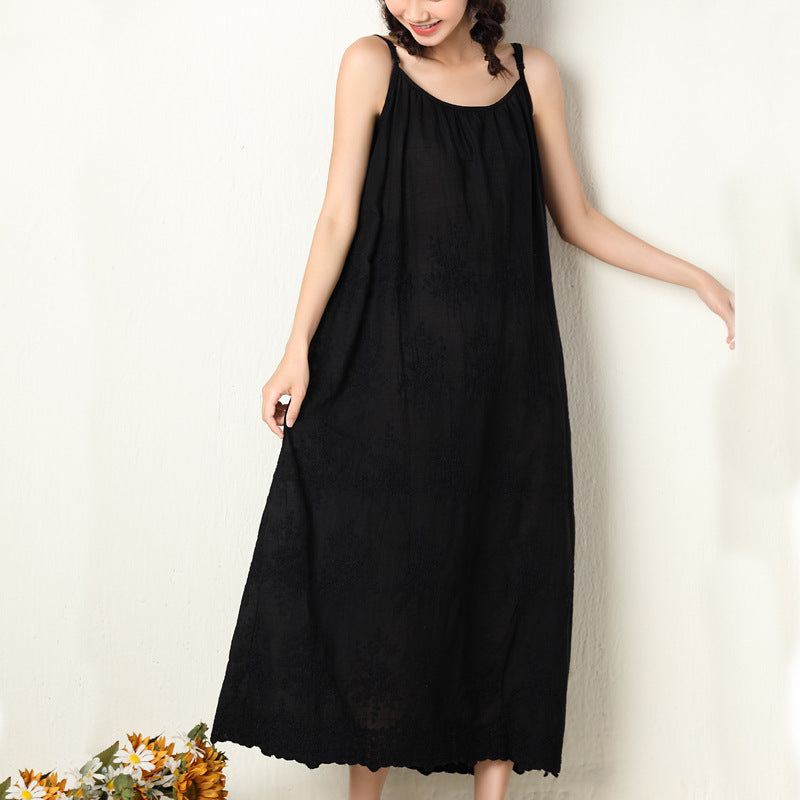 Embroidered Loose Waist Strap Base Cotton And Linen Dress