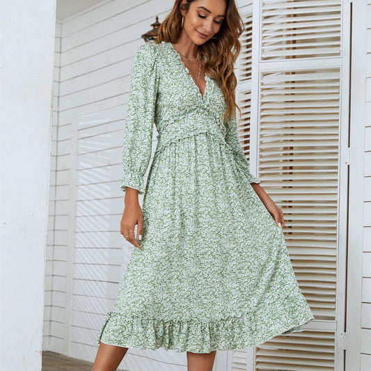 Women's Graceful And Fashionable Tree Fungus-like Lacework V-neck Nine-quarter Sleeve Rayon Printed Dress