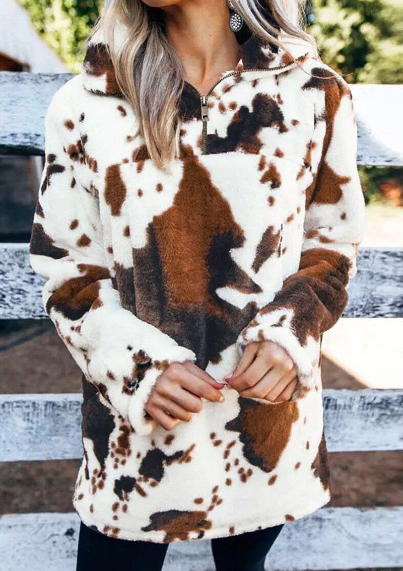 Cow Print Pullover Sweater Warm Jacket Women