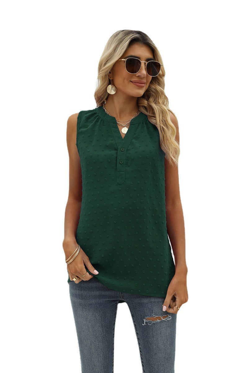 New Solid Color Chiffon Shirt Loose V-neck Jacquard Sleeveless Casual Vest