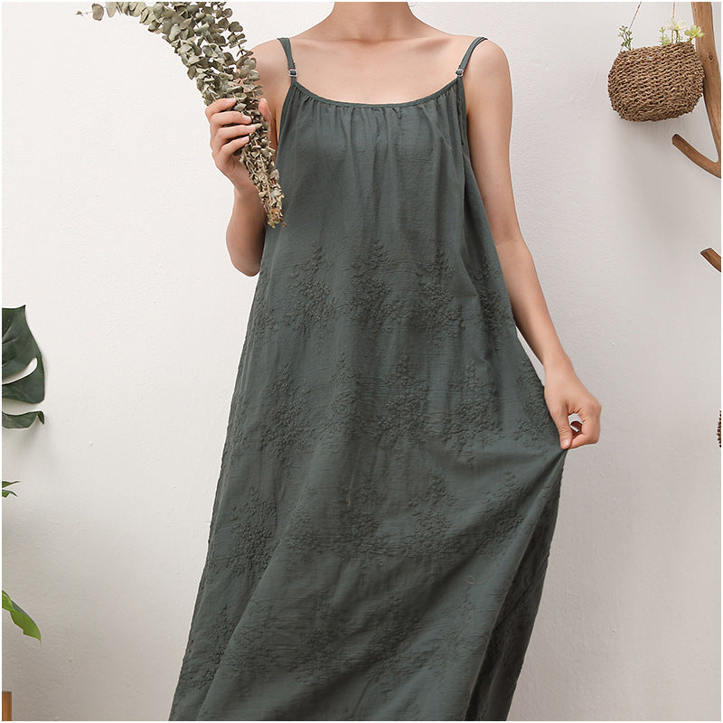 Embroidered Loose Waist Strap Base Cotton And Linen Dress