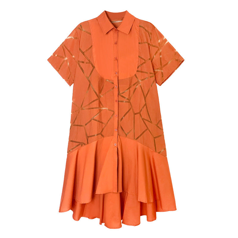 French Retro See-through Geometric Pattern Shirt Dress