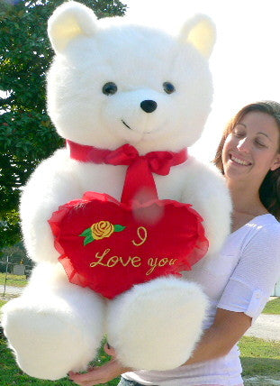 American Made Giant White Teddy Bear Holding I Love You Heart Pillow