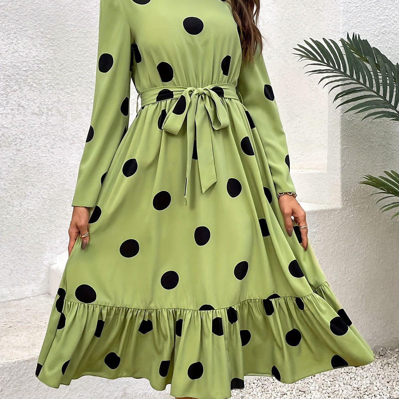 Versatile Slimming Polka Dot Belt Long Sleeve Dress