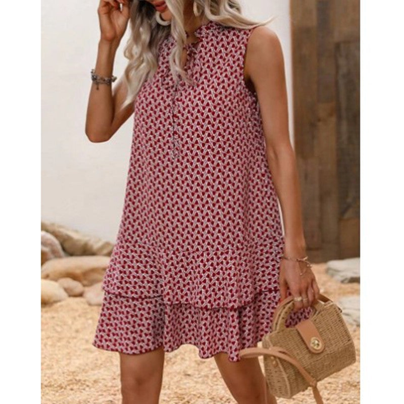 Bohemian Printed V-neck Lace-up Sleeveless Dress Floral Thin Summer