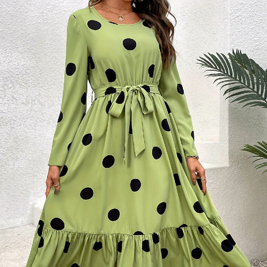 Versatile Slimming Polka Dot Belt Long Sleeve Dress