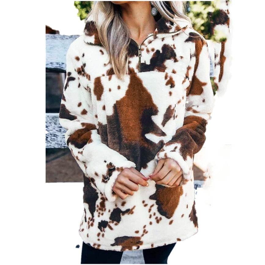 Cow Print Pullover Sweater Warm Jacket Women