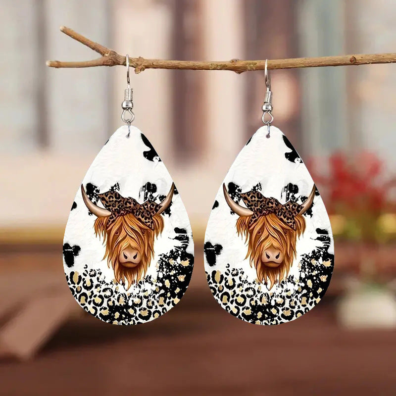 Personalized Western Style Leopard Print Contrast Color Leather Earrings Wild Cow Print