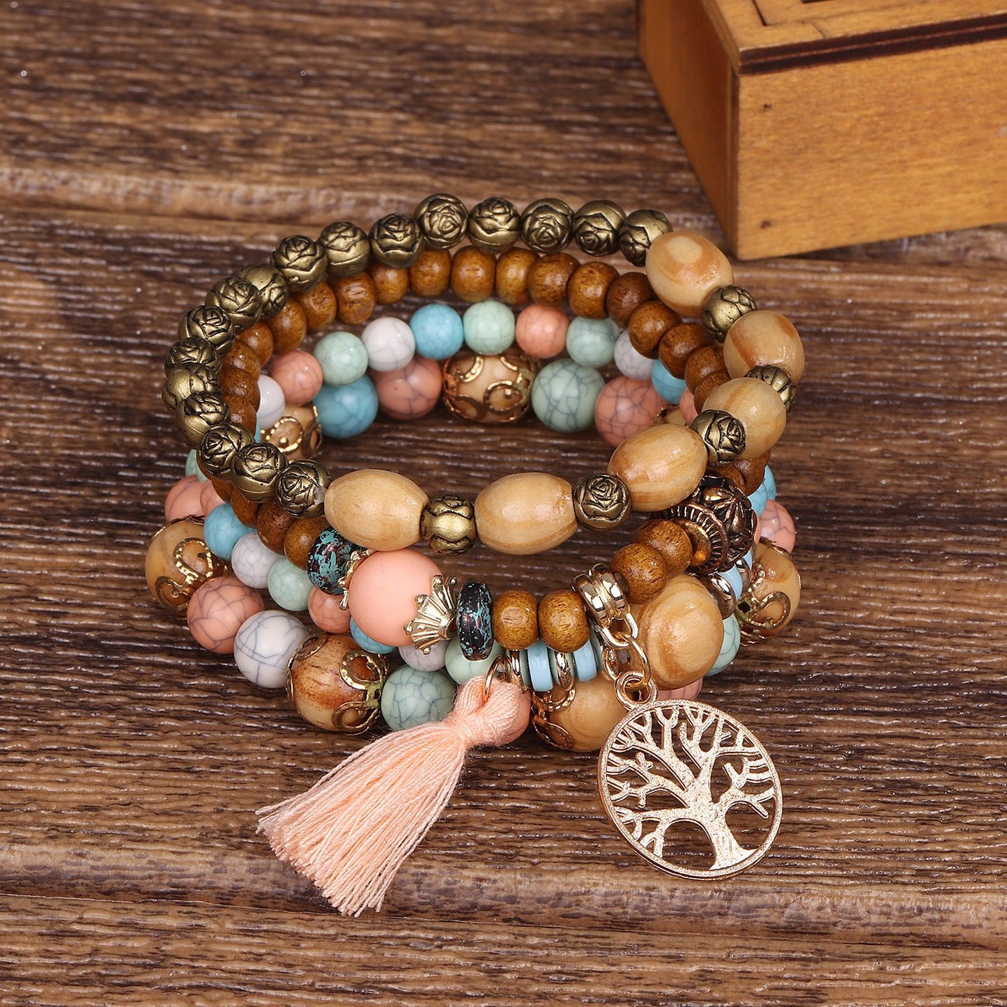 Boho Multilayer Wooden Stretch Bracelet With Tree Of Life Pendant