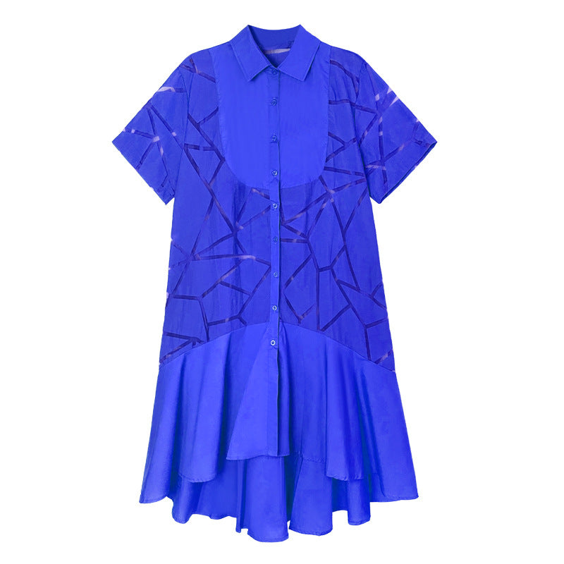 French Retro See-through Geometric Pattern Shirt Dress