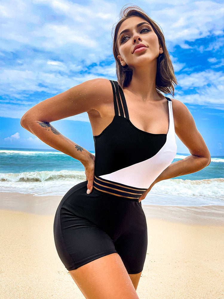 Boxer One-piece Solid Color Stitching Swimsuit For Women