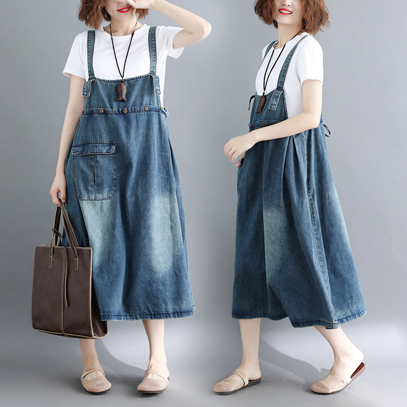 Summer Denim Suspender Skirt Loose Slimming Long