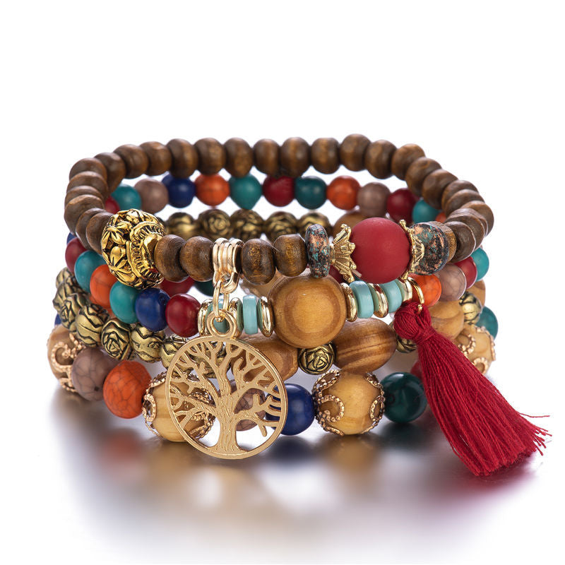 Boho Multilayer Wooden Stretch Bracelet With Tree Of Life Pendant