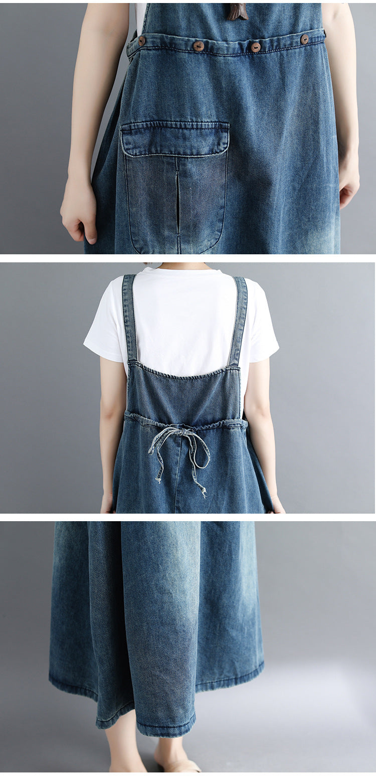 Summer Denim Suspender Skirt Loose Slimming Long