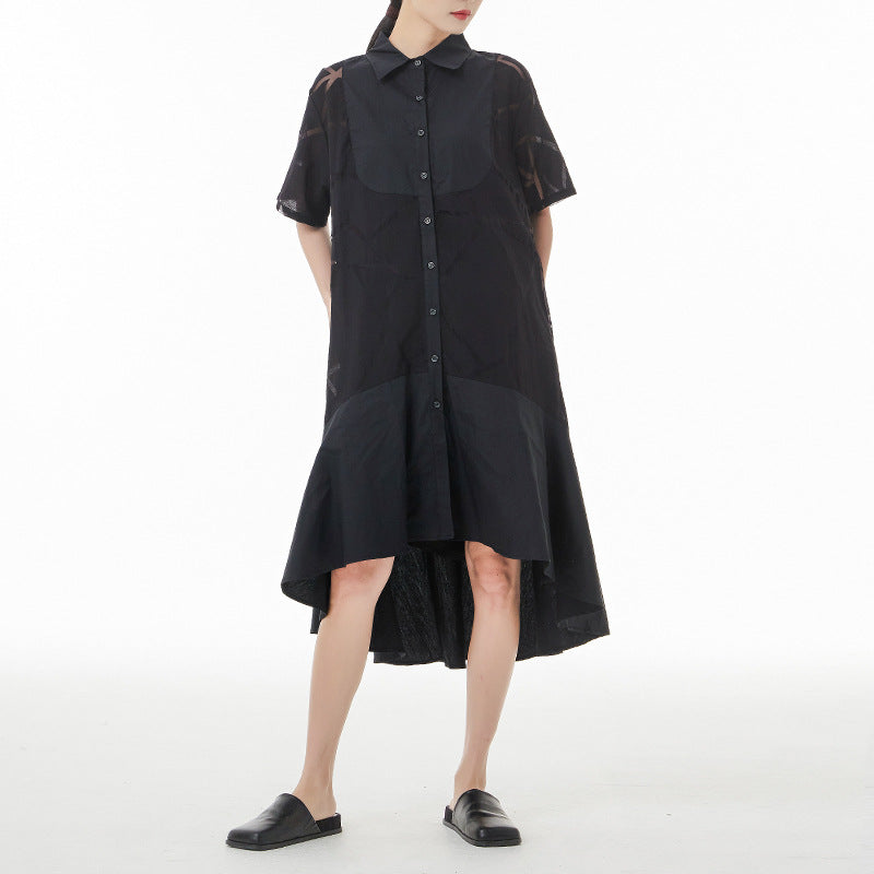 French Retro See-through Geometric Pattern Shirt Dress