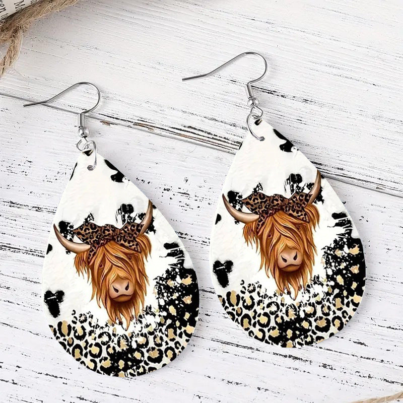 Personalized Western Style Leopard Print Contrast Color Leather Earrings Wild Cow Print