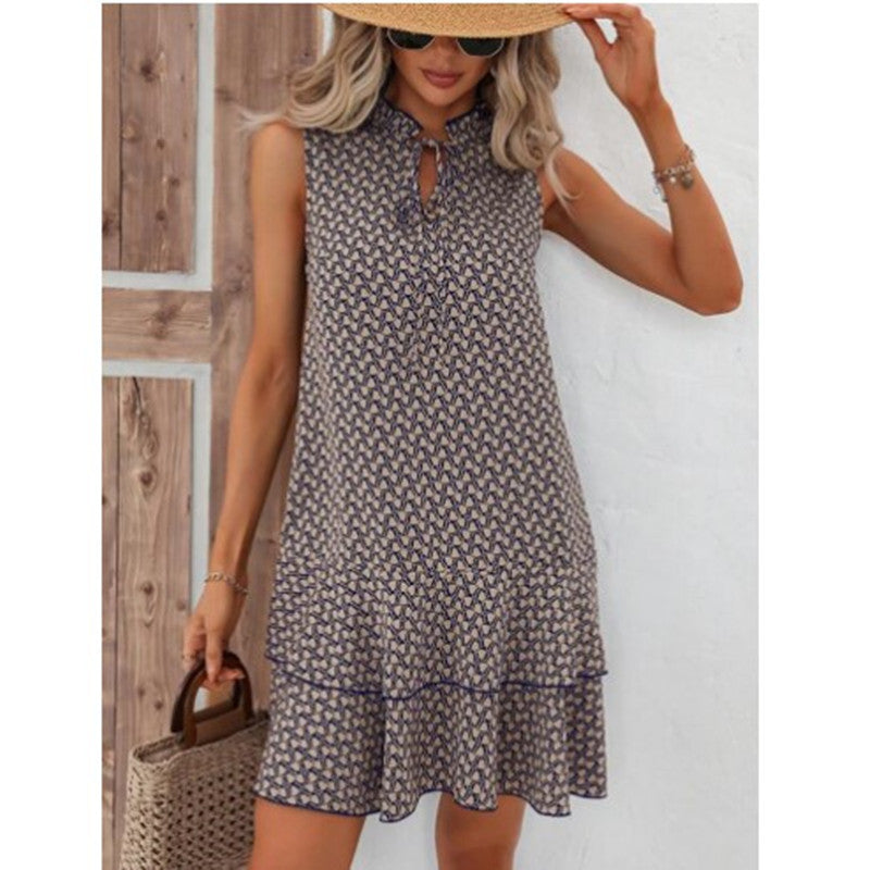 Bohemian Printed V-neck Lace-up Sleeveless Dress Floral Thin Summer