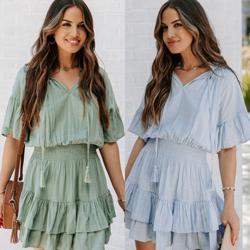 European And American Ruffled Solid Color Dress