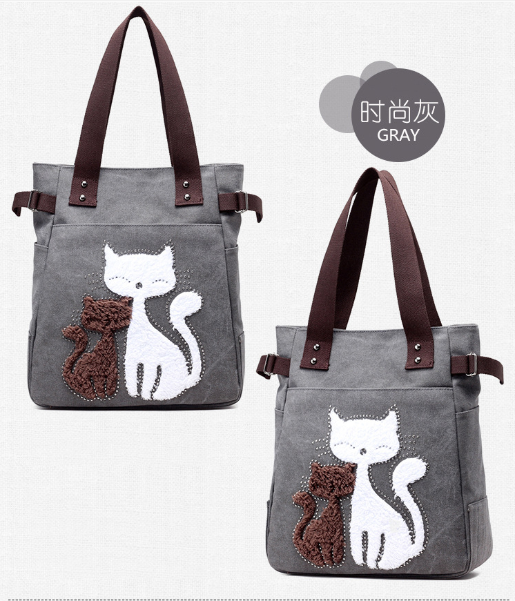 KVKY Women Canvas Bag Handbag Famous Brand Shoulder Bags Femal Canvas Bags with Cute Plush Cat Appliques Beach Bag Sac A Main