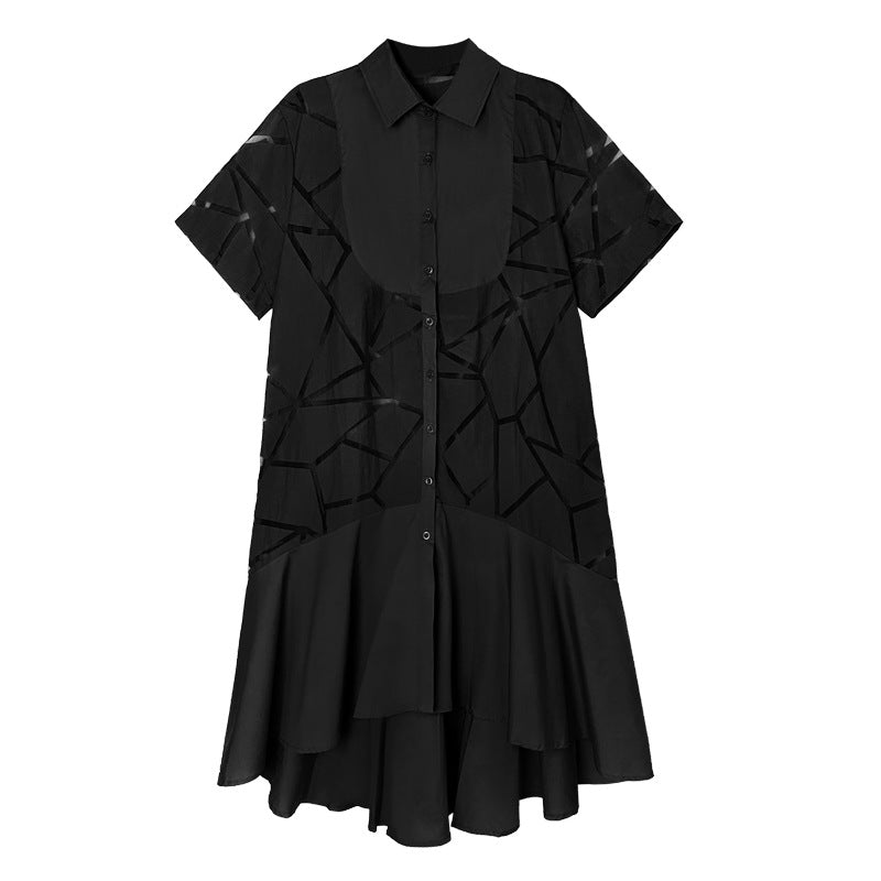 French Retro See-through Geometric Pattern Shirt Dress