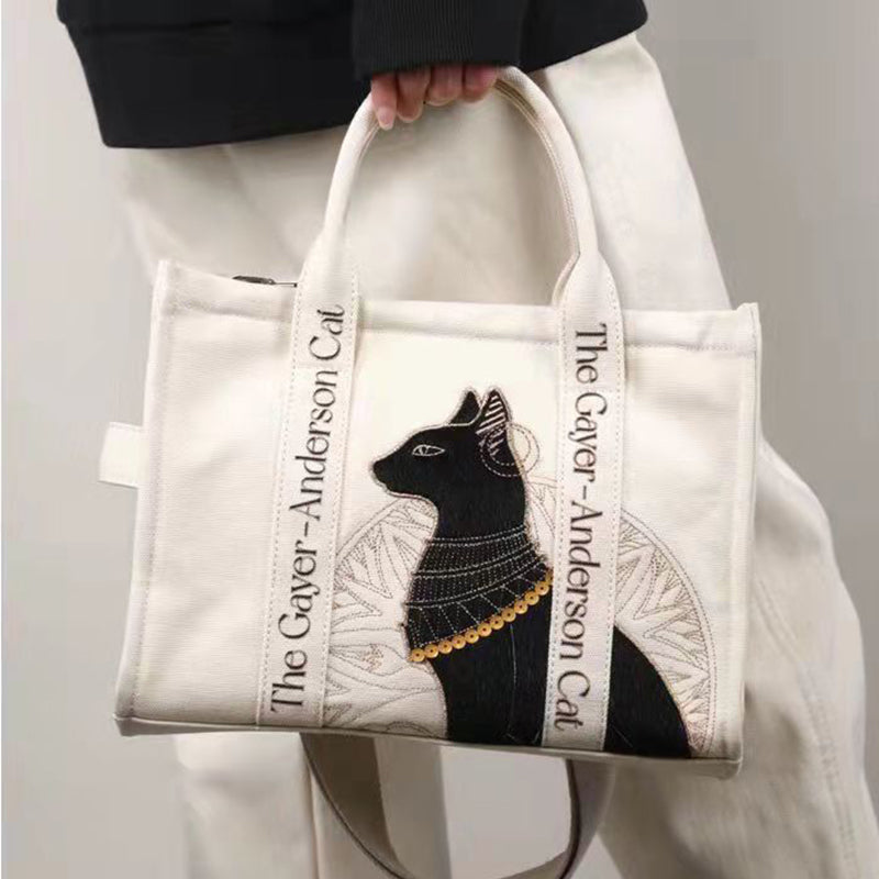 Cat Embroidered Canvas Shoulder Bag Letter Print Handbags Leisure Daily Students Preppy Style Messenger Crossbody Bags