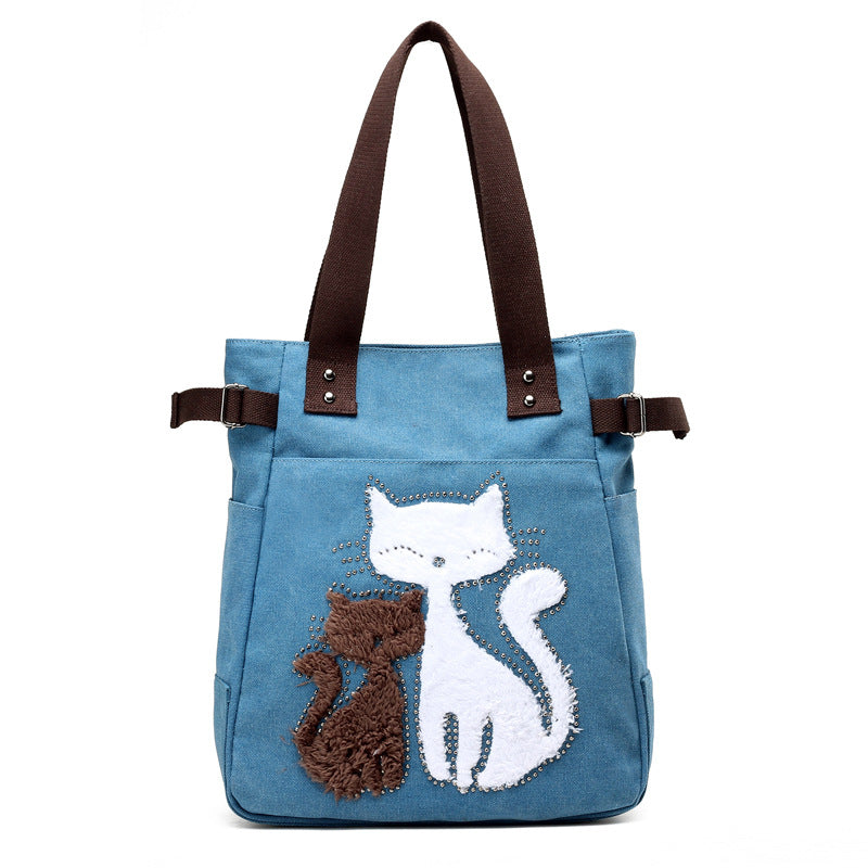 KVKY Women Canvas Bag Handbag Famous Brand Shoulder Bags Femal Canvas Bags with Cute Plush Cat Appliques Beach Bag Sac A Main