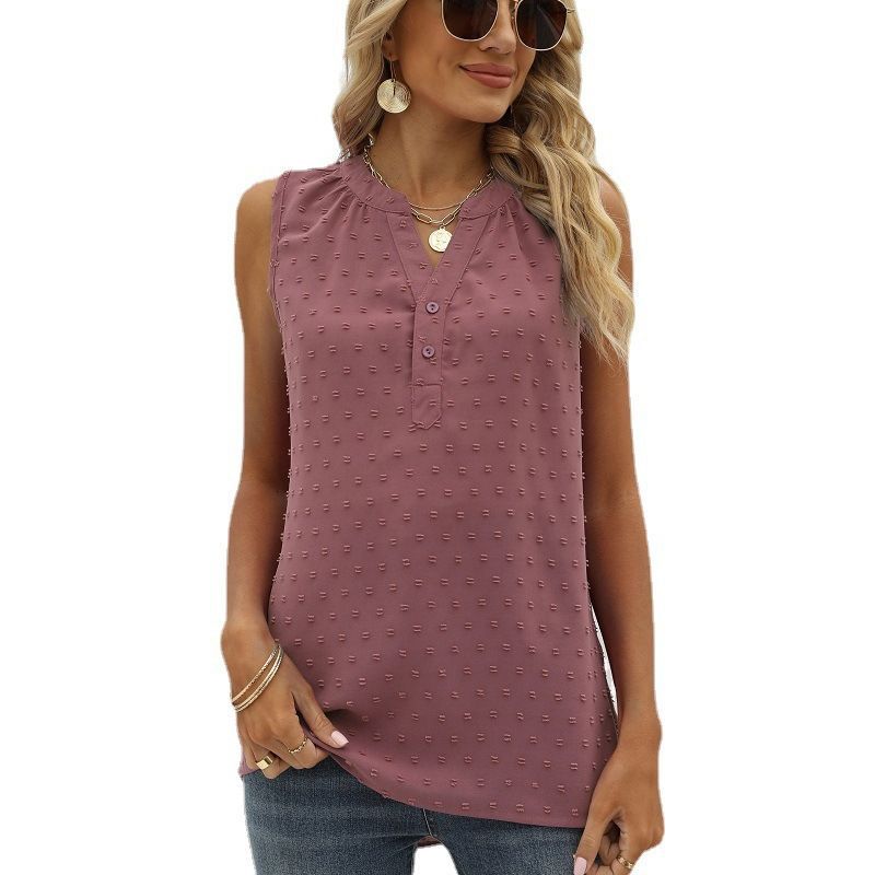 New Solid Color Chiffon Shirt Loose V-neck Jacquard Sleeveless Casual Vest