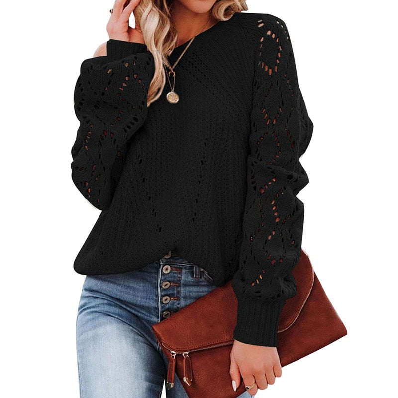 Lantern Sleeve Knitted Sweater Woman Autumn Winter Hollow Out Sweater