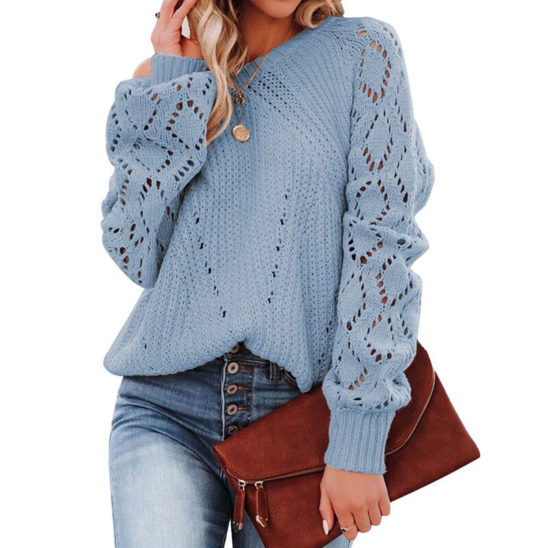 Lantern Sleeve Knitted Sweater Woman Autumn Winter Hollow Out Sweater