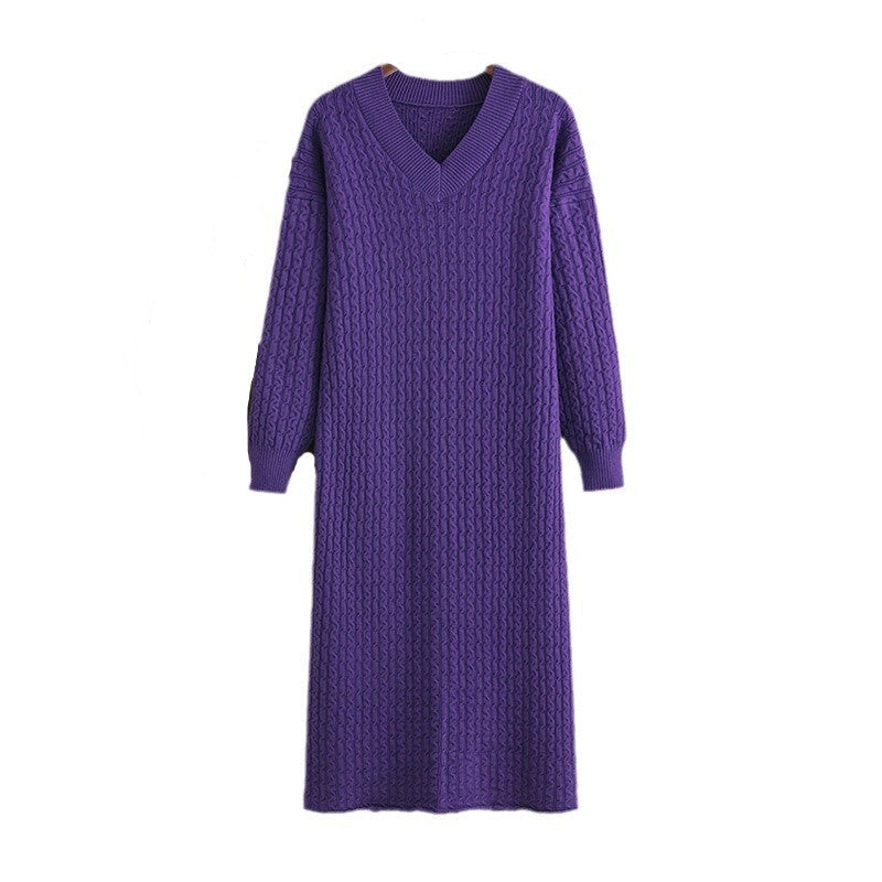 Knitting Dress V-neck Twist Bottoming Sweater Skirt Slit In The Back