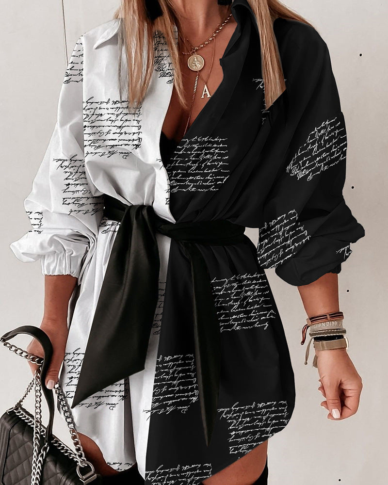 Letter Contrast Color Casual Loose Tied Shirt Dress